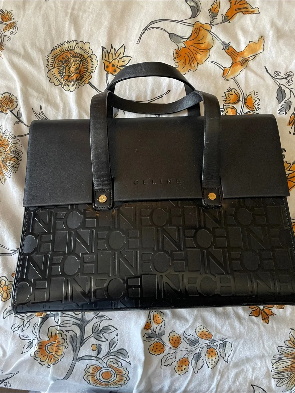 Celine Black Embossed Logo Leather Top-Handle Briefcase